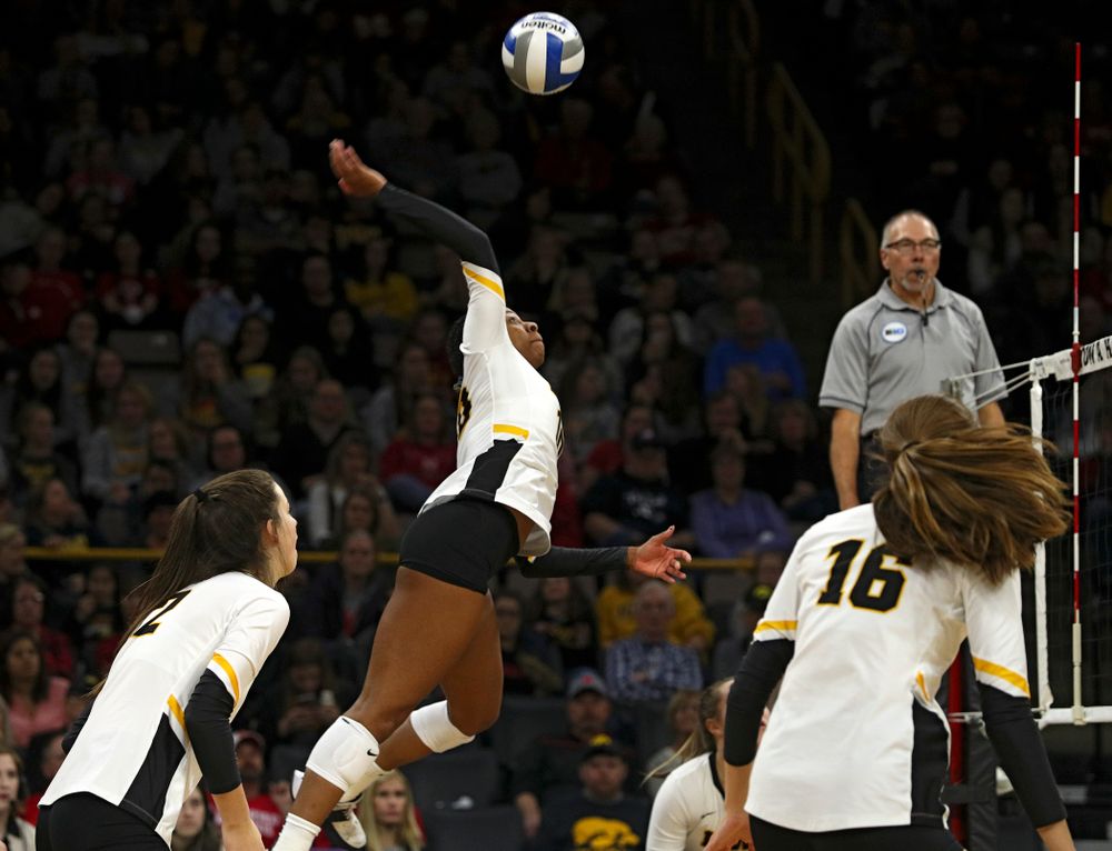 Iowa’s Griere Hughes (10) lines up a kill during the third set of their match against Nebraska at Carver-Hawkeye Arena in Iowa City on Saturday, Nov 9, 2019. (Stephen Mally/hawkeyesports.com)