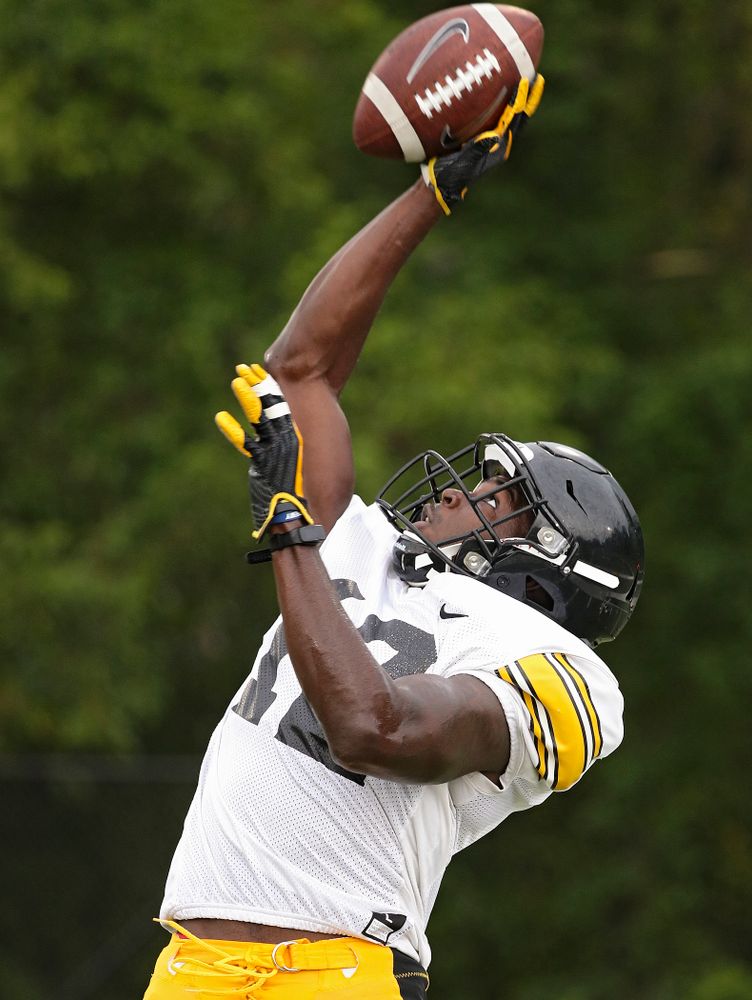 Iowa Hawkeyes defensive back D.J. Johnson (12) pulls in a ball durning Fall Camp Practice No. 17 at the Hansen Football Performance Center in Iowa City on Wednesday, Aug 21, 2019. (Stephen Mally/hawkeyesports.com)