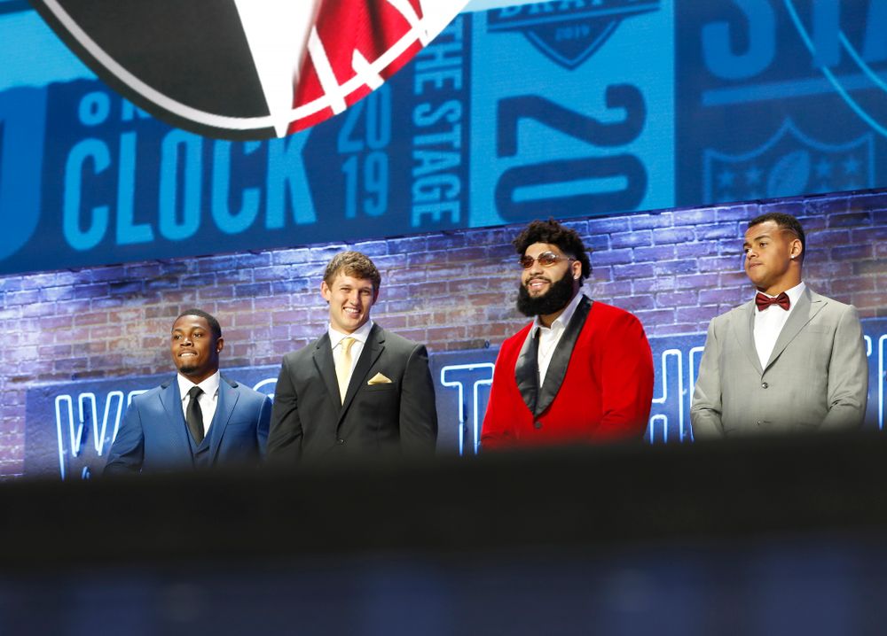 Iowa's T.J. Hockenson and Noah Fant on stage before the first round of the 2019 NFL Draft Thursday, April 25, 2019 in Nashville. (Darren Miller/hawkeyesports.com)