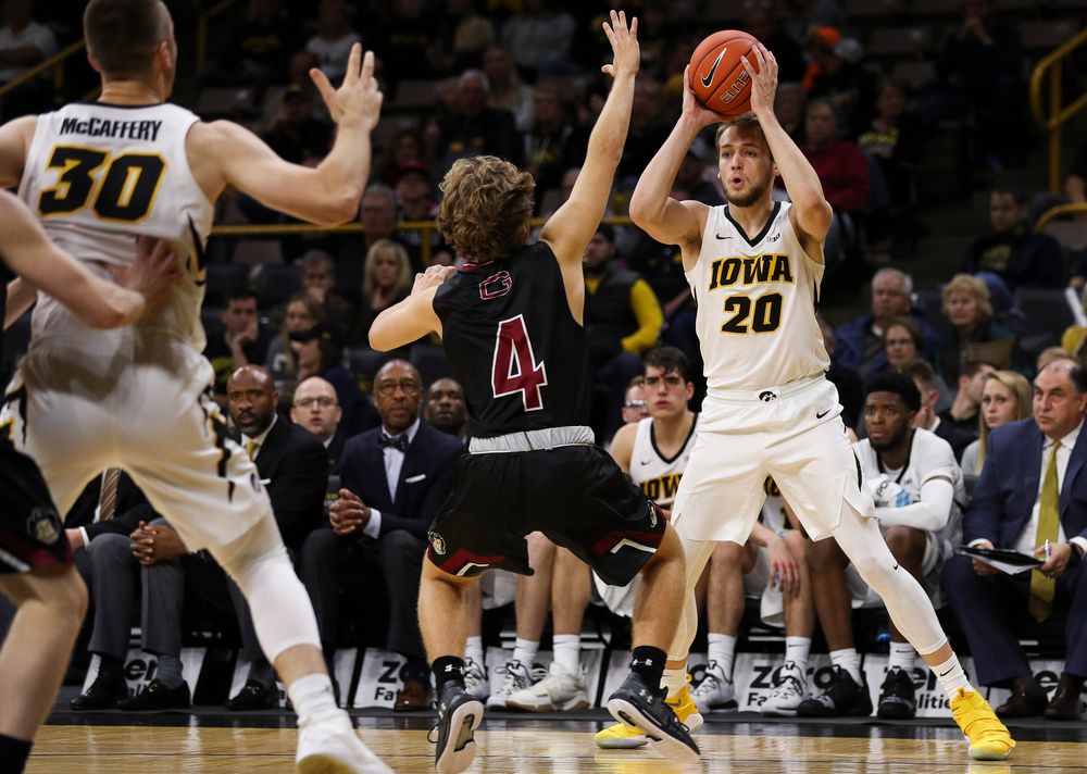 Iowa Hawkeyes forward Riley Till (20) looks to make an entry pass during a game against Guilford College at Carver-Hawkeye Arena on November 4, 2018. (Tork Mason/hawkeyesports.com)