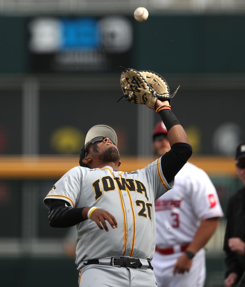 Iowa Hawkeyes Izaya Fullard (20) catches a fly ball against the Indiana Hoosiers in the first round of the Big Ten Baseball Tournament Wednesday, May 22, 2019 at TD Ameritrade Park in Omaha, Neb. (Brian Ray/hawkeyesports.com)