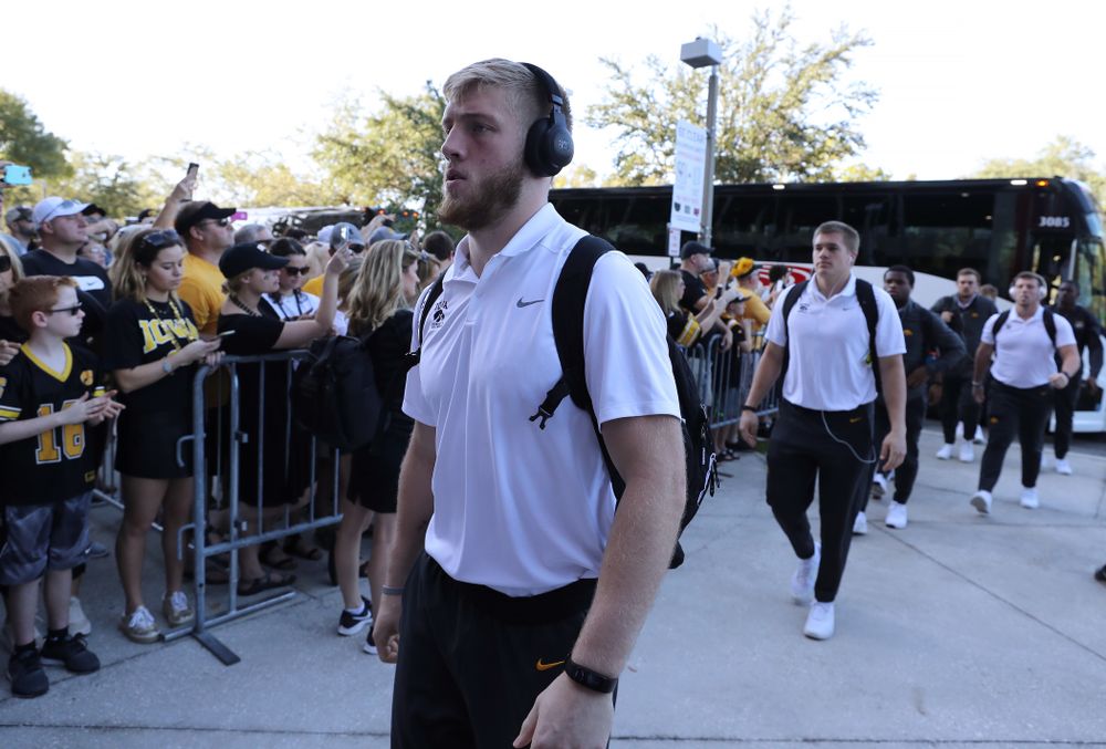 Iowa Hawkeyes defensive back Jake Gervase (30) arrives for the Outback Bowl Tuesday, January 1, 2019 at Raymond James Stadium in Tampa, FL. (Brian Ray/hawkeyesports.com)