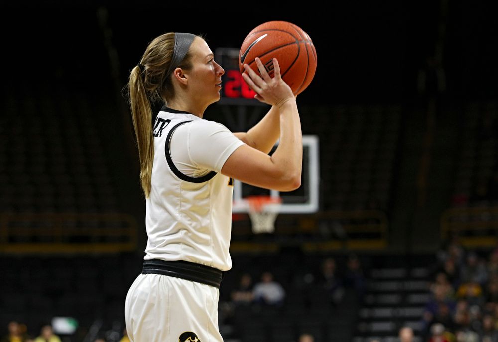 Iowa Hawkeyes guard Makenzie Meyer (3) lines up a basket during the third quarter of their game at Carver-Hawkeye Arena in Iowa City on Tuesday, December 31, 2019. (Stephen Mally/hawkeyesports.com)