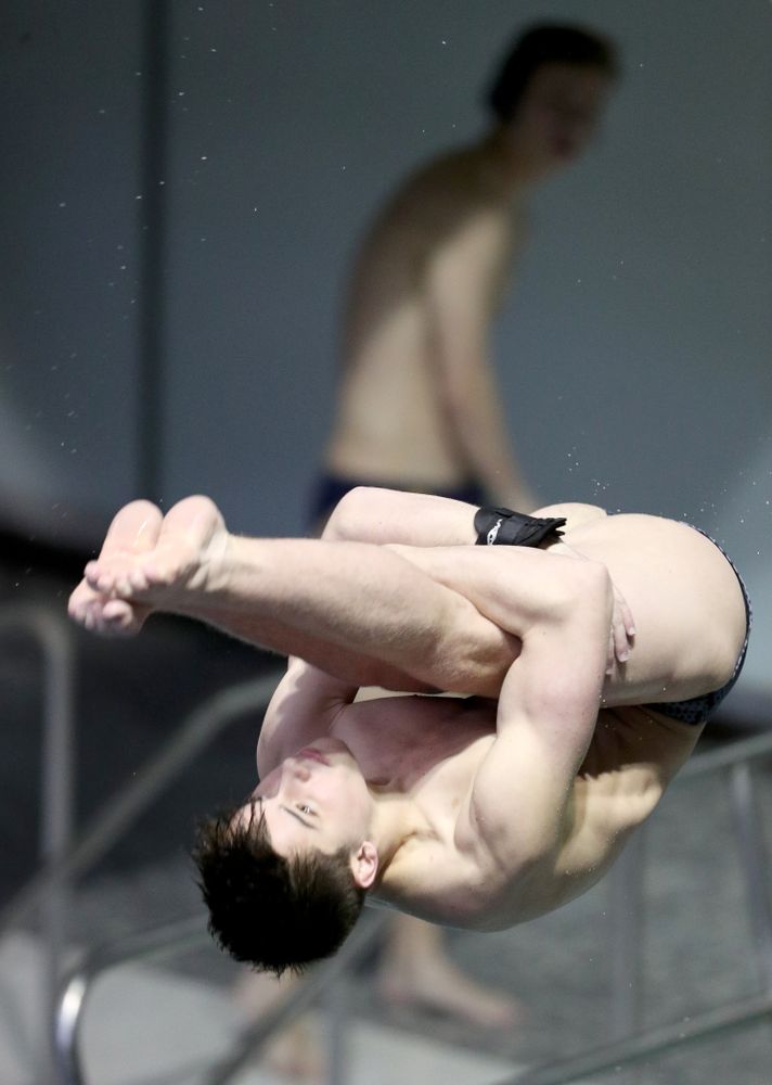 IowaÕs Michael Huebner competes on the 1 meter springboard against Notre Dame and Illinois Saturday, January 11, 2020 at the Campus Recreation and Wellness Center.  (Brian Ray/hawkeyesports.com)