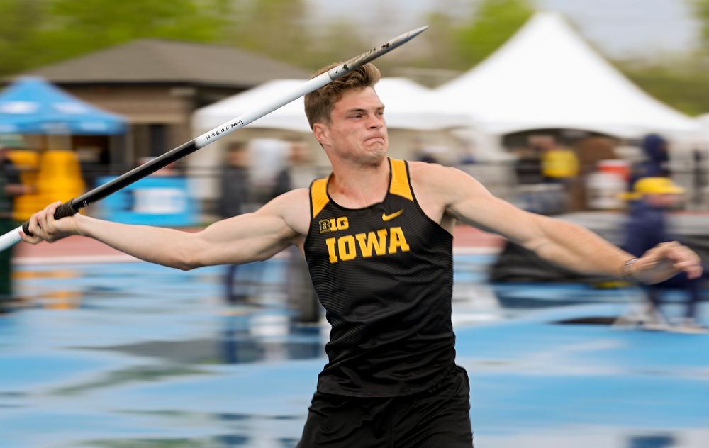 Iowa's Peyton Haack throws in the men’s javelin in the decathlon event on the second day of the Big Ten Outdoor Track and Field Championships at Francis X. Cretzmeyer Track in Iowa City on Saturday, May. 11, 2019. (Stephen Mally/hawkeyesports.com)