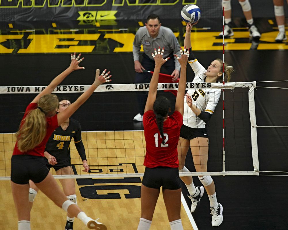 Iowa’s Kyndra Hansen (8) lines up a shot during the second set of their match against Nebraska at Carver-Hawkeye Arena in Iowa City on Saturday, Nov 9, 2019. (Stephen Mally/hawkeyesports.com)