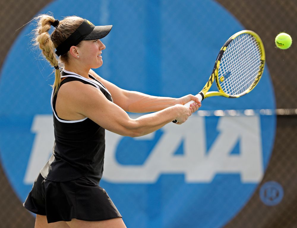 Iowa's Danielle Burich during a match against Rutgers at the Hawkeye Tennis and Recreation Complex in Iowa City on Friday, Apr. 5, 2019. (Stephen Mally/hawkeyesports.com)