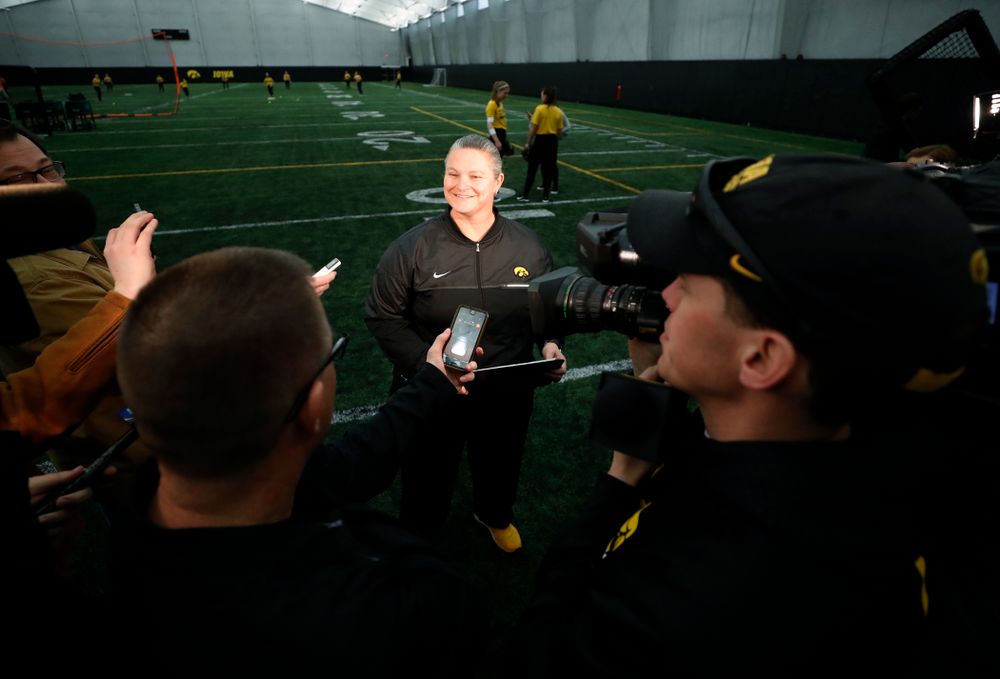 Iowa Head Coach Marla Looper answers questions during the team's annual media day Thursday, February 1, 2018 at the Hawkeye Tennis and Recreation Complex. (Brian Ray/hawkeyesports.com)