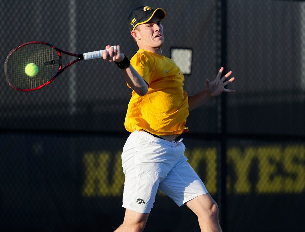 Iowa's Jonas Larsen during his match again Michigan State at the Hawkeye Tennis and Recreation Complex in Iowa City on Friday, Apr. 19, 2019. (Stephen Mally/hawkeyesports.com)