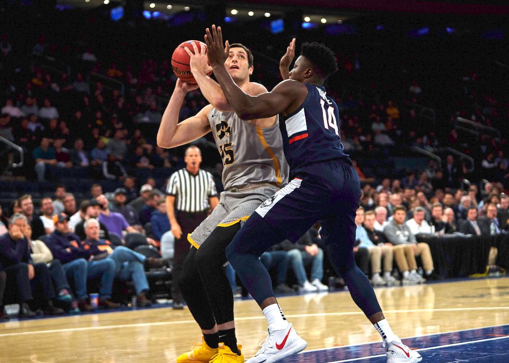 Iowa Hawkeyes forward Ryan Kriener (15) against UConn in the Championship game of the 2K Empire Classic Friday, November 16, 2018 at Madison Square Garden in New York City. (Duncan H.Williams/Freelance)