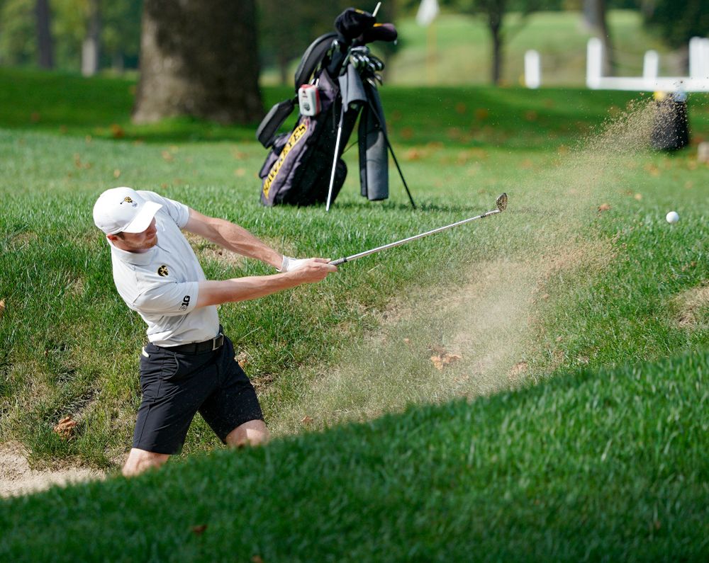 Iowa’s Jake Rowe hits from a sand trap during the second day of the Golfweek Conference Challenge at the Cedar Rapids Country Club in Cedar Rapids on Monday, Sep 16, 2019. (Stephen Mally/hawkeyesports.com)