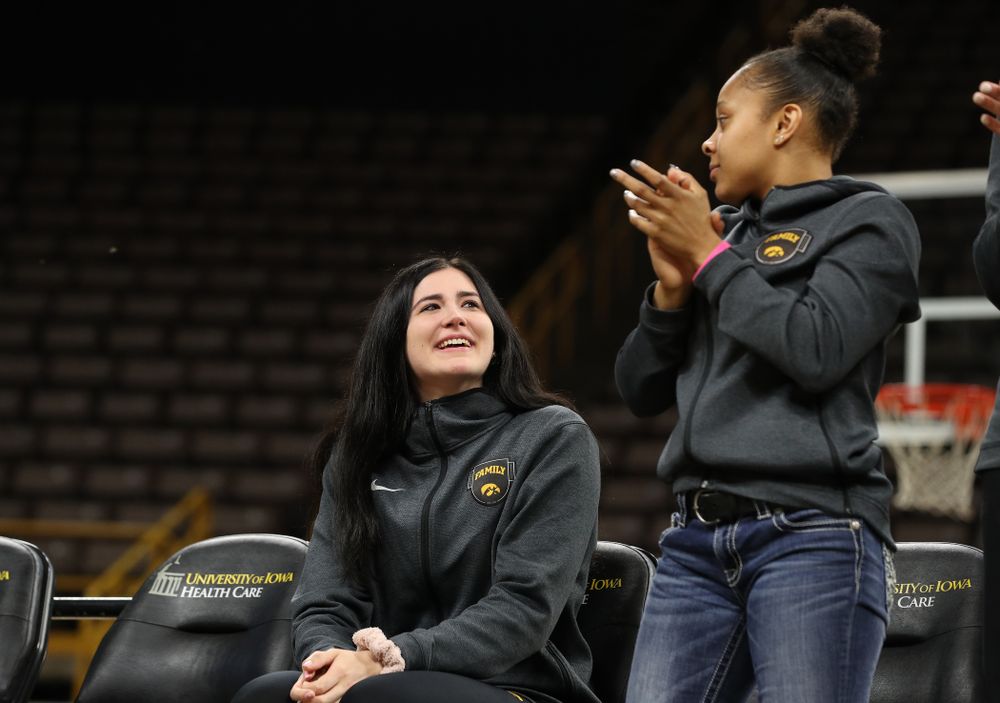 Henry B. and Patricia B. Tippie Director of Athletics Chair announces that the jersey of Iowa Hawkeyes forward Megan Gustafson (10) will be retired at a ceremony next season during the teamÕs Celebr-Eight event Wednesday, April 24, 2019 at Carver-Hawkeye Arena. (Brian Ray/hawkeyesports.com)