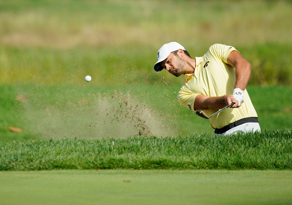 Iowa’s Gonzalo Leal hits from a sand trap during the third day of the Golfweek Conference Challenge at the Cedar Rapids Country Club in Cedar Rapids on Tuesday, Sep 17, 2019. (Stephen Mally/hawkeyesports.com)
