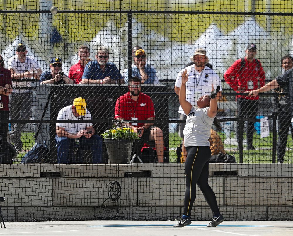 Iowa's Laulauga Tausaga throws during the women’s hammer throw event on the first day of the Big Ten Outdoor Track and Field Championships at Francis X. Cretzmeyer Track in Iowa City on Friday, May. 10, 2019. (Stephen Mally/hawkeyesports.com)