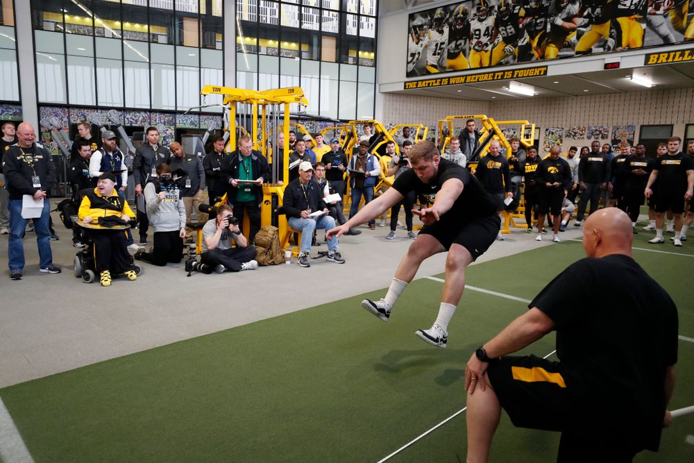 Iowa Hawkeyes offensive lineman Boone Myers (52) during the team's annual pro day Monday, March 26, 2018 at the Hansen Football Performance Center. (Brian Ray/hawkeyesports.com)