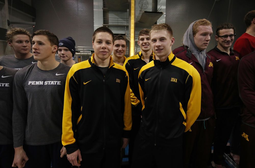 Iowa's Aleksey Tarasenko, Mateusz Arndt, Jackson Allmon, and Michael Tenney place sixth in the 800 freestyle relay at the 2019 Big Ten Swimming and Diving meet  Wednesday, February 27, 2019 at the Campus Wellness and Recreation Center. (Brian Ray/hawkeyesports.com)