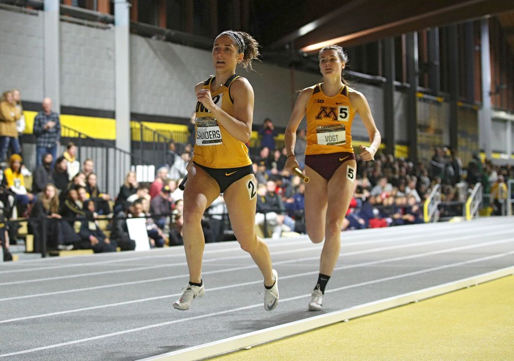 Iowa’s Tia Saunders runs the women’s 1600 meter relay premier event during the Larry Wieczorek Invitational at the Recreation Building in Iowa City on Saturday, January 18, 2020. (Stephen Mally/hawkeyesports.com)