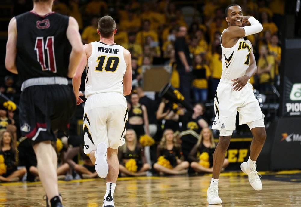 Iowa Hawkeyes guard Maishe Dailey (1) reacts after Iowa Hawkeyes guard Joe Wieskamp (10) hits a 3-pointer during a game against Guilford College at Carver-Hawkeye Arena on November 4, 2018. (Tork Mason/hawkeyesports.com)