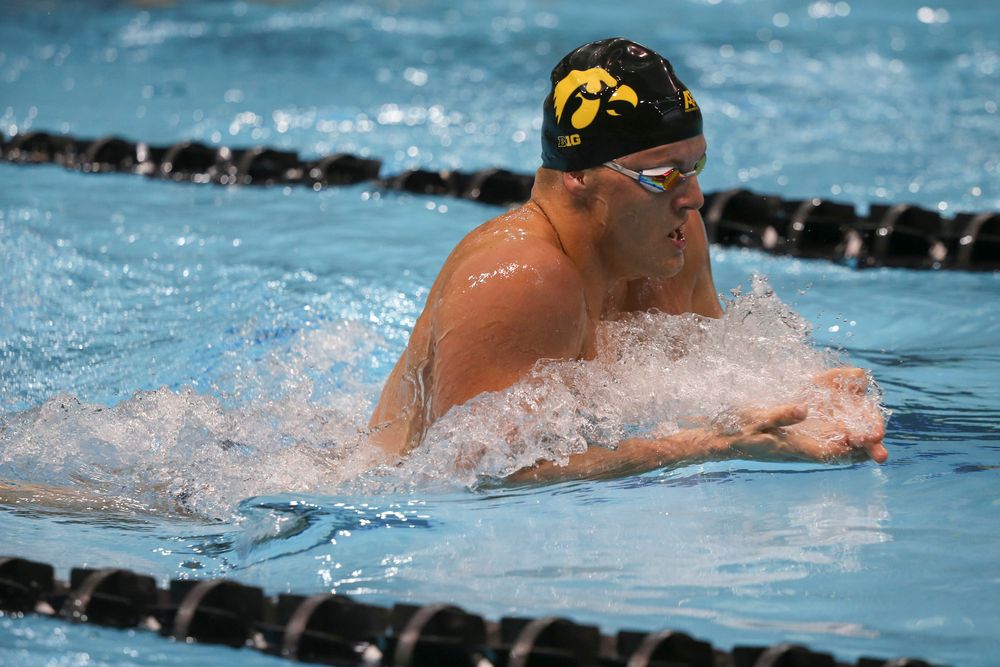 Iowa’s Will Myhre swims the 200-yard breastroke during the Iowa swimming and diving meet vs Notre Dame and Illinois on Saturday, January 11, 2020 at the Campus Recreation and Wellness Center. (Lily Smith/hawkeyesports.com)