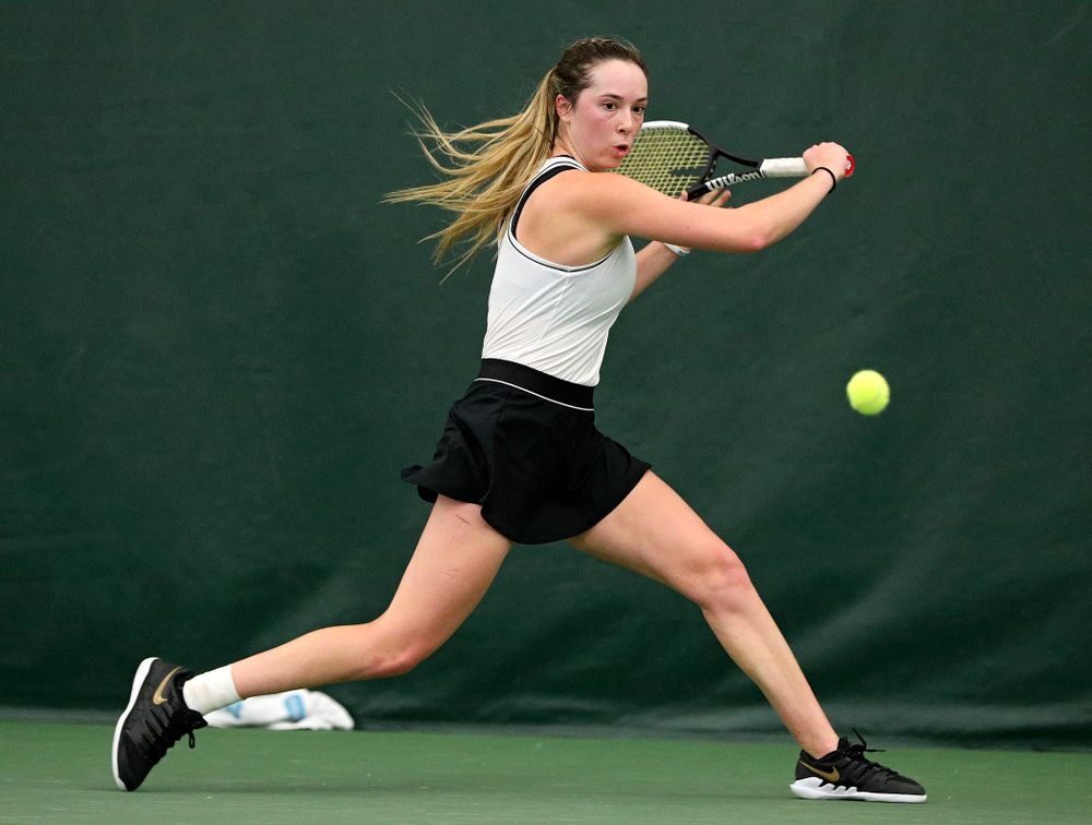 Iowa’s Samantha Mannix during her singles match at the Hawkeye Tennis and Recreation Complex in Iowa City on Sunday, February 16, 2020. (Stephen Mally/hawkeyesports.com)