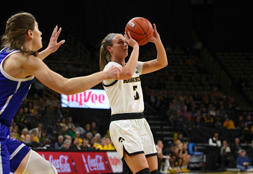 Iowa Hawkeyes guard Makenzie Meyer (3) makes a basket during the first quarter of their game at Carver-Hawkeye Arena in Iowa City on Saturday, December 21, 2019. (Stephen Mally/hawkeyesports.com)