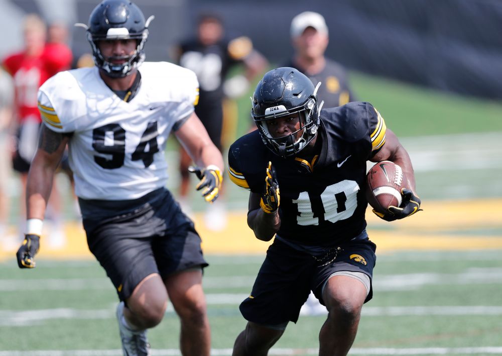 Iowa Hawkeyes running back Mekhi Sargent (10) during practice No. 7 of fall camp Friday, August 10, 2018 at the Kenyon Football Practice Facility. (Brian Ray/hawkeyesports.com)