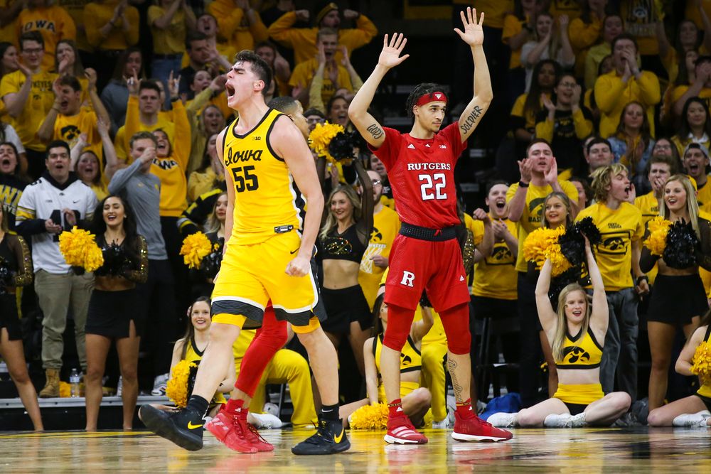 Iowa Hawkeyes center Luka Garza (55) reacts after scoring during the Iowa men’s basketball game vs Rutgers on Wednesday, January 22, 2020 at Carver-Hawkeye Arena. (Lily Smith/hawkeyesports.com)