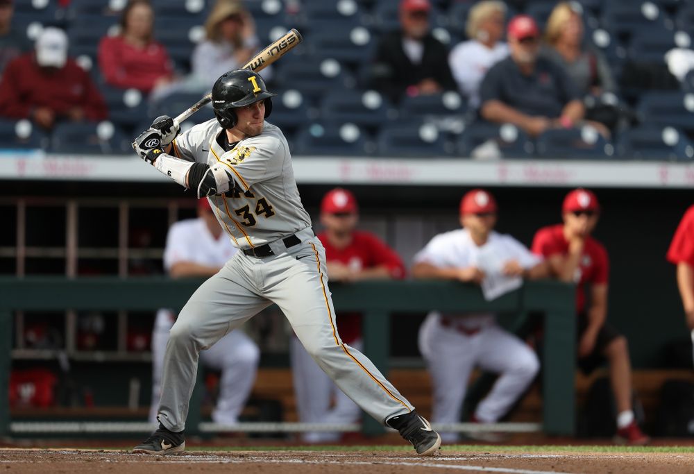 Iowa Hawkeyes catcher Austin Martin (34) against the Indiana Hoosiers in the first round of the Big Ten Baseball Tournament Wednesday, May 22, 2019 at TD Ameritrade Park in Omaha, Neb. (Brian Ray/hawkeyesports.com)