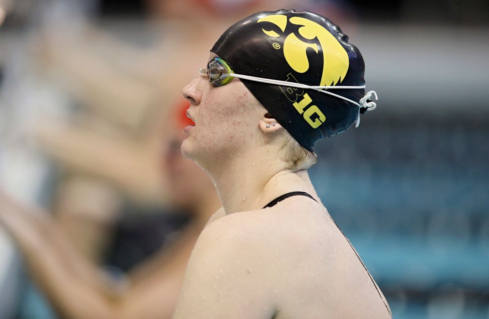 Iowa’s Erin Lang swims in the women’s 200 yard backstroke preliminary event during the 2020 Women’s Big Ten Swimming and Diving Championships at the Campus Recreation and Wellness Center in Iowa City on Saturday, February 22, 2020. (Stephen Mally/hawkeyesports.com)