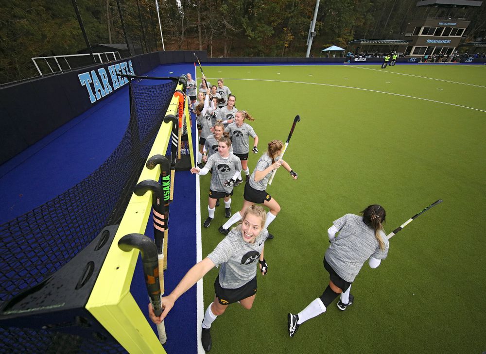 The Hawkeyes warm up before their NCAA Tournament First Round match against Duke at Karen Shelton Stadium in Chapel Hill, N.C. on Friday, Nov 15, 2019. (Stephen Mally/hawkeyesports.com)