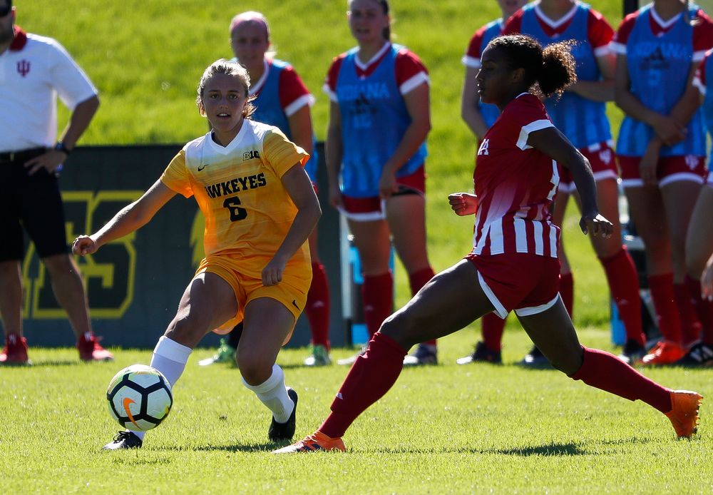 Iowa Hawkeyes midfielder Isabella Blackman (6) dribbles the ball during a game against Indiana at the Iowa Soccer Complex on September 23, 2018. (Tork Mason/hawkeyesports.com)