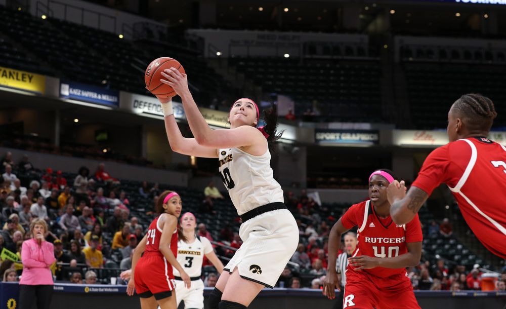 Iowa Hawkeyes forward Megan Gustafson (10) against the Rutgers Scarlet Knights in the semi-finals of the Big Ten Tournament Saturday, March 9, 2019 at Bankers Life Fieldhouse in Indianapolis, Ind. (Brian Ray/hawkeyesports.com)