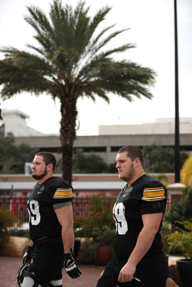 Iowa Hawkeyes offensive lineman Ross Reynolds (59) and offensive lineman Keegan Render (69) during the team's first Outback Bowl Practice in Florida Thursday, December 27, 2018 at Tampa University. (Brian Ray/hawkeyesports.com)