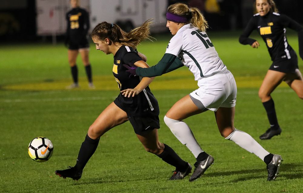 Iowa Hawkeyes defender Hannah Drkulec (17) dribbles the ball during a game against Michigan State at the Iowa Soccer Complex on October 12, 2018. (Tork Mason/hawkeyesports.com)