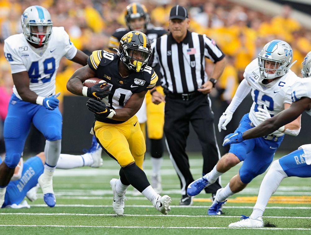 Iowa Hawkeyes running back Mekhi Sargent (10) on a run during the first quarter of their game at Kinnick Stadium in Iowa City on Saturday, Sep 28, 2019. (Stephen Mally/hawkeyesports.com)