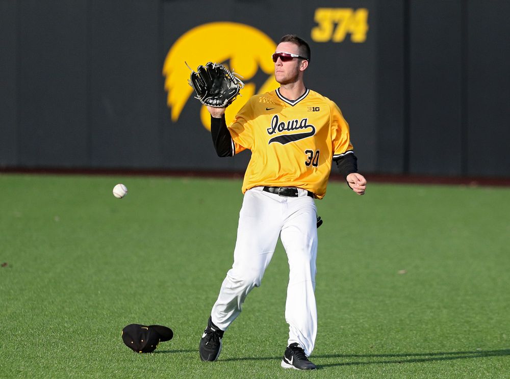 Iowa outfielder Connor McCaffery (30) fields a hit during the fifth inning of the first game of the Black and Gold Fall World Series at Duane Banks Field in Iowa City on Tuesday, Oct 15, 2019. (Stephen Mally/hawkeyesports.com)