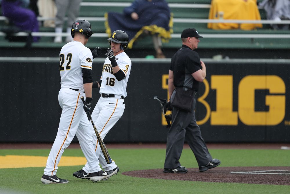 Iowa Hawkeyes Tanner Wetrich (16) and Tanner Padgett (22) against Michigan State Sunday, May 12, 2019 at Duane Banks Field. (Brian Ray/hawkeyesports.com)