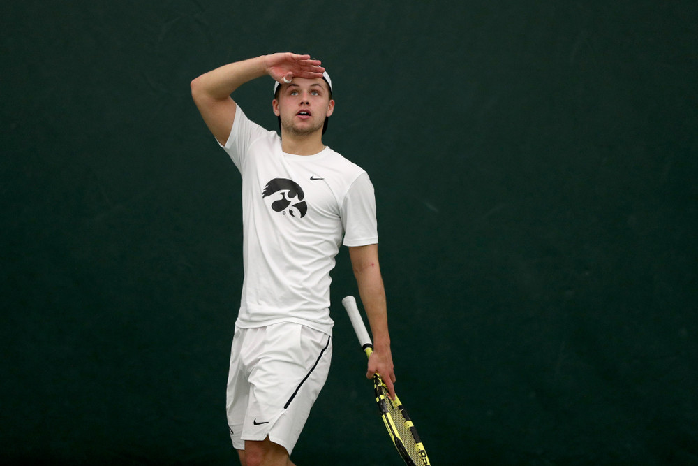 Iowa’s Will Davies against Cornell Sunday, March 8, 2020 at the Hawkeye Tennis and Recreation Center. (Brian Ray/hawkeyesports.com)