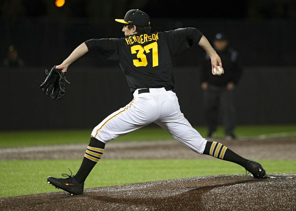 Iowa pitcher Jacob Henderson (37) delivers to the plate during the ninth inning of their game at Duane Banks Field in Iowa City on Tuesday, March 3, 2020. (Stephen Mally/hawkeyesports.com)
