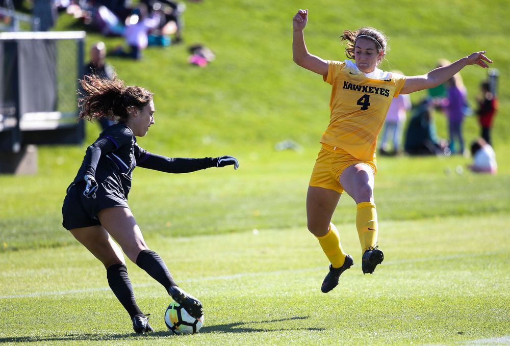 Iowa Hawkeyes forward Kaleigh Haus (4) defends during a game against Northwestern at the Iowa Soccer Complex on October 21, 2018. (Tork Mason/hawkeyesports.com)