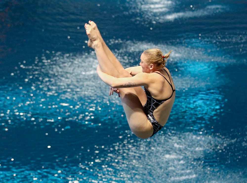 Iowa’s Thelma Strandberg competes in the women’s 1 meter diving preliminary event during the 2020 Women’s Big Ten Swimming and Diving Championships at the Campus Recreation and Wellness Center in Iowa City on Thursday, February 20, 2020. (Stephen Mally/hawkeyesports.com)