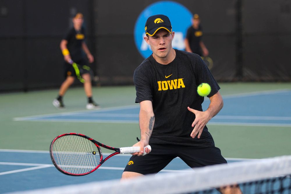 IowaÕs Jonas Larsen at tennis vs Illinois State on Sunday, April 21, 2019 at the Hawkeye Tennis and Recreation Complex. (Lily Smith/hawkeyesports.com)