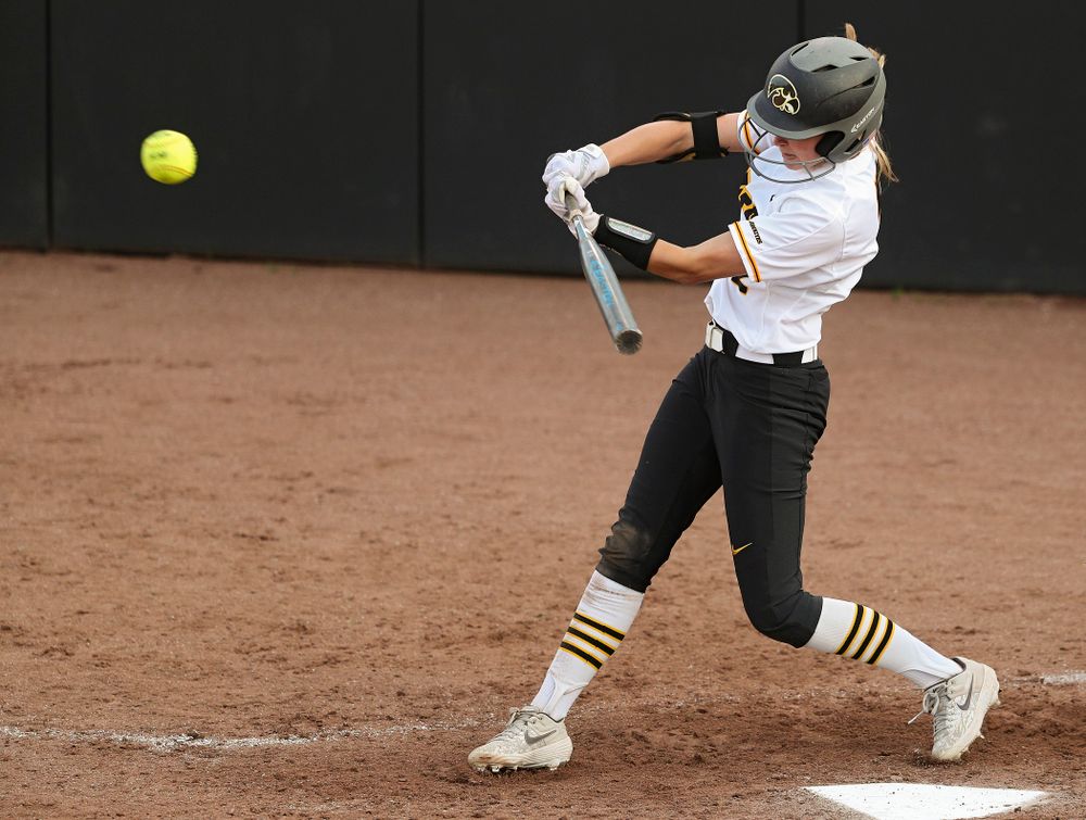 Iowa second baseman Aralee Bogar (2) hits a double during the fifth inning of their game against Ohio State at Pearl Field in Iowa City on Friday, May. 3, 2019. (Stephen Mally/hawkeyesports.com)