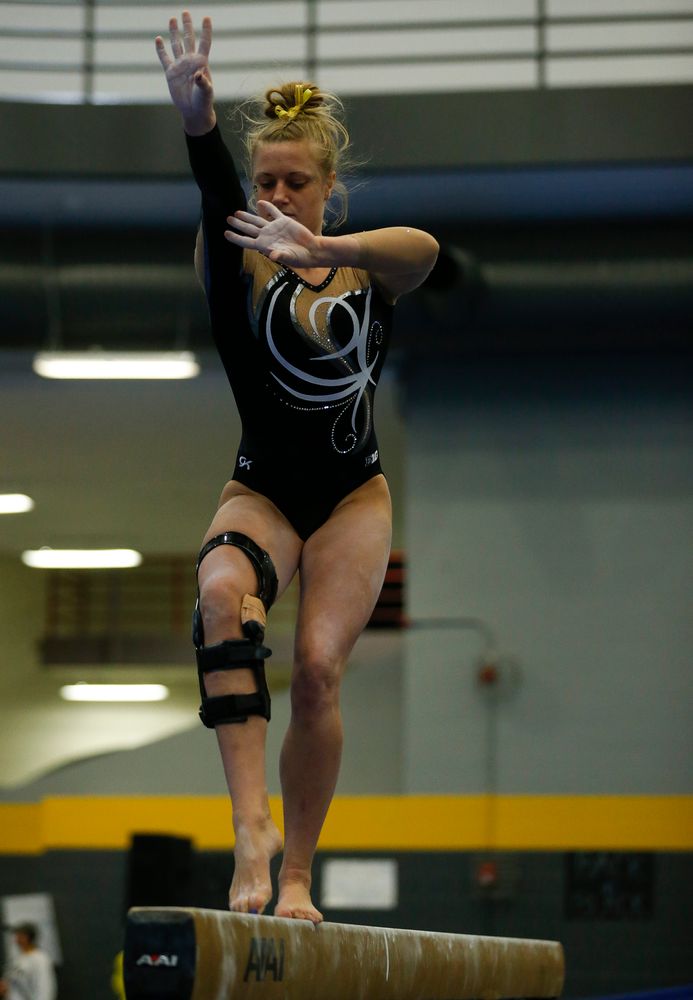 Jori Robertson competes on the balance beam during the Black and Gold Intrasquad meet at the Field House on 12/2/17. (Tork Mason/hawkeyesports.com)