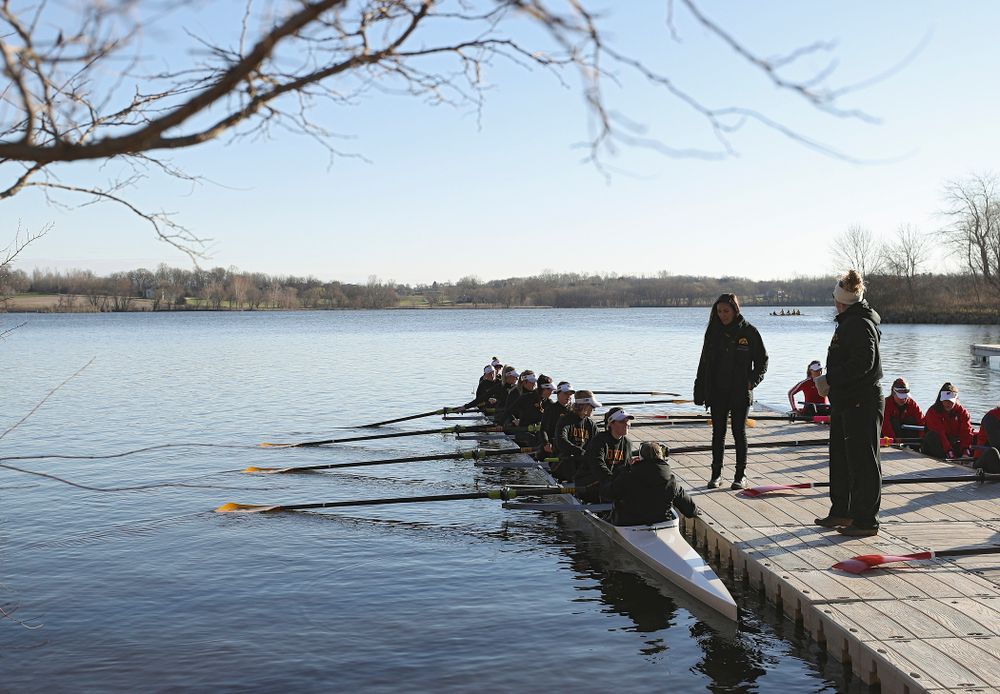Iowa's II Novice 8 team prepares to leave the dock before race against Wisconsin in their Big Ten Double Dual Rowing Regatta at Lake Macbride in Solon on Saturday, Apr. 13, 2019. (Stephen Mally/hawkeyesports.com)