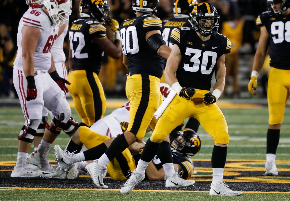 Iowa Hawkeyes defensive back Jake Gervase (30) reacts after making a tackle during a game against Wisconsin at Kinnick Stadium on September 22, 2018. (Tork Mason/hawkeyesports.com)