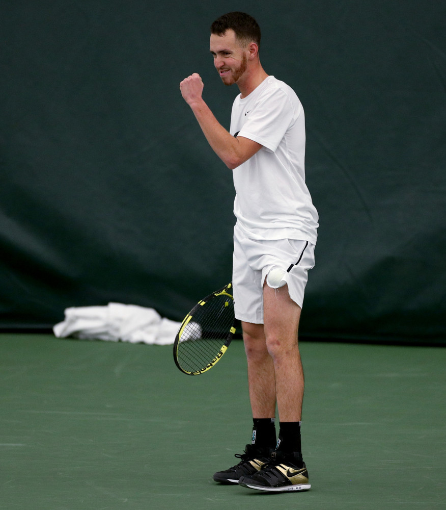 Iowa’s Karem Allaf against Cornell Sunday, March 8, 2020 at the Hawkeye Tennis and Recreation Center. (Brian Ray/hawkeyesports.com)