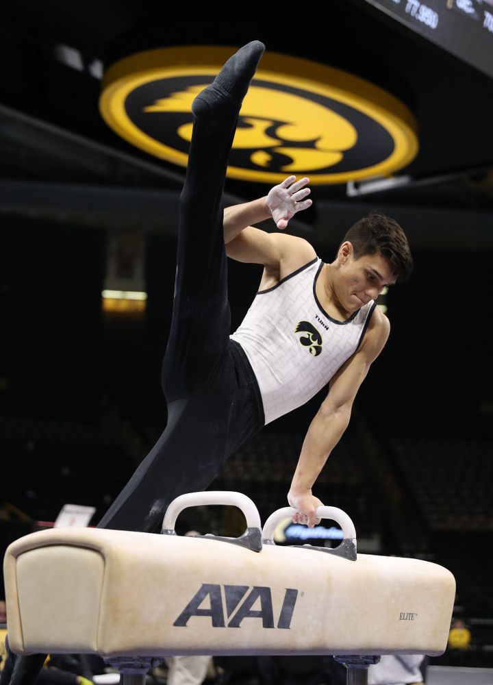 Iowa's Ethan Davis competes on the pommel horse against UIC and Minnesota Saturday, February 2, 2019 at Carver-Hawkeye Arena. (Brian Ray/hawkeyesports.com)