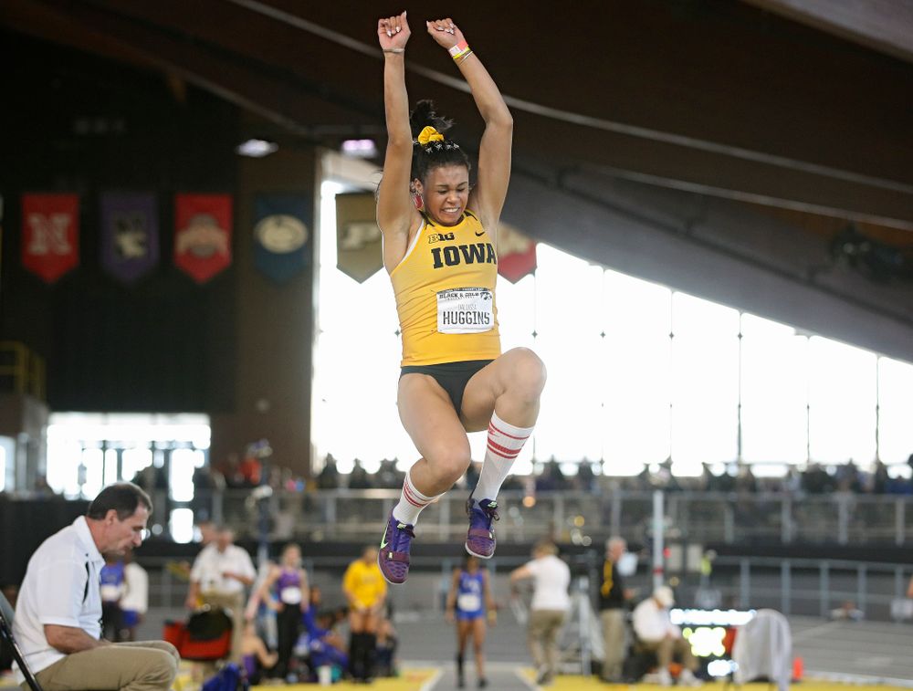 Iowa’s Dallyssa Huggins competes in the women’s long jump event at the Black and Gold Invite at the Recreation Building in Iowa City on Saturday, February 1, 2020. (Stephen Mally/hawkeyesports.com)