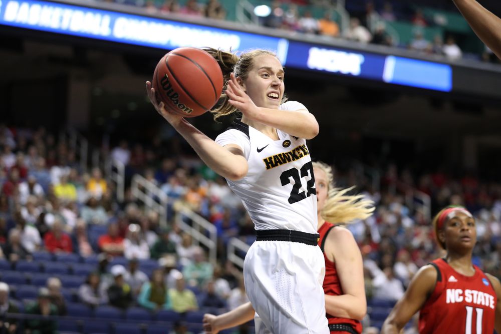 Iowa Hawkeyes guard Kathleen Doyle (22) against the NC State Wolfpack in the regional semi-final of the 2019 NCAA Women's College Basketball Tournament Saturday, March 30, 2019 at Greensboro Coliseum in Greensboro, NC.(Brian Ray/hawkeyesports.com)